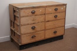 Mid 20th century oak and pine eight drawer school chest, W122cm, H92cm,