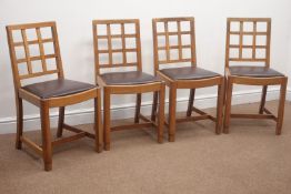 Early 20th century set four Heal's style oak chairs, lattice backs,