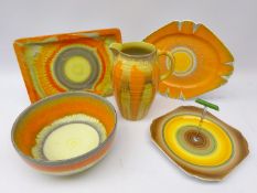Five pieces of Shelley Art Deco Harmony drip glaze ceramics comprising two trays, fruit bowl,