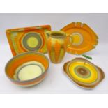 Five pieces of Shelley Art Deco Harmony drip glaze ceramics comprising two trays, fruit bowl,