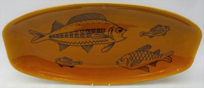 Vintage French Longchamp glazed fish platter, decorated with stylized fish,