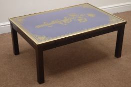 Vintage 1970s coffee table, rectangular glass top decorated with stylised flowers and leaves,