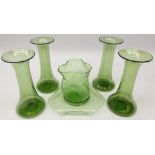 Set of four glass vases and another of pinched form on stand, attributed to Powell, H15.