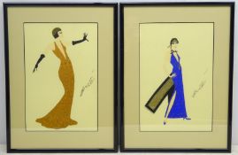 Fashion Designs, pair gouache after Romain de Tirtoff Erte (1892-1990),