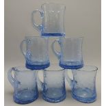 Set six early 20th century blue crackle glass tankards, H10.