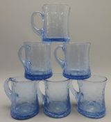 Set six early 20th century blue crackle glass tankards, H10.