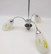 Vintage three branch ceiling light with frosted glass shades and chrome stem,