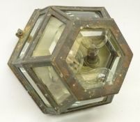 Early 20th century hexagonal gilt metal ceiling light with laurel leaf moulded border inset with