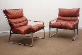 Pair 1970s angular chrome framed armchairs,