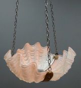 Set of four Art Deco pink glass and copper light shades of seashell form,