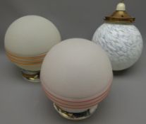 Two mid 20th century globular frosted glass shades with chrome mounts, D20cm,