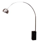 After Achille and Pier Giacomo Castiglioni for Flos - chromed 'Arco' style floor arc lamp on black