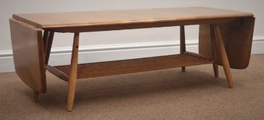 ercol elm coffee table, rectangular top with two drop leaves, magazine rack below,