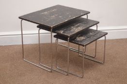 1950s nest of three occasional tables, rectangular black painted ash tops on chromed metal supports,