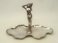 Art Nouveau WMF silver-plated visiting card tray modelled as a female figure with flowing dress, no.