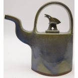 Tomas Anagrius (Swedish 1939-): slab built studio pottery 'kettle' with bird finial with pale blue