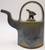 Tomas Anagrius (Swedish 1939-): slab built studio pottery 'kettle' with bird finial with pale blue