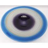 Large art glass bowl, amethyst centre with bands of cream and blue, indistinctly signed,
