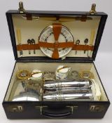 Art Deco Coracle picnic set, contained in a black rexine covered travel case,
