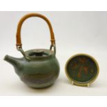 Barbara Cass (1921-1992) early stoneware teapot with bamboo handle and circular dish with unglazed