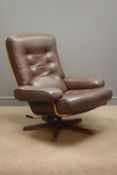 Gote Mobel - 1970s swivel armchair, upholstered in buttoned brown leather,