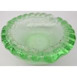 Daum Nancy green glass dish with bubble inclusions and waved rim, signed,