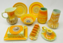 Nine pieces of Shelley Art Deco Harmony drip glaze ceramics comprising two vases, H16cm,