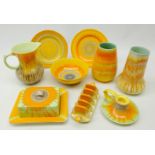 Nine pieces of Shelley Art Deco Harmony drip glaze ceramics comprising two vases, H16cm,