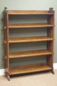 Arts & Crafts oak five tier bookcase, shaped end supports with pegged joints, W91cm, H127cm,