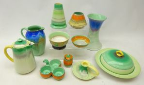 Ten pieces of Shelley Art Deco Harmony drip glaze ceramics comprising a vase of waisted trumpet