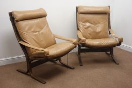 Ingmar Relling for Siesta - pair easy chairs, leather upholstered loose cushions on laminate frames,