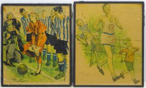 Pair of 1950s Sporting Cartoons, indistinctly signed,