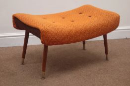 1960s dressing table stool, dished seat upholstered in two tone orange and brown fabric,