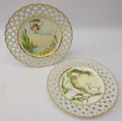 Pair reticulated cabinet plates, hand painted in the Art Nouveau style with winged female figures,