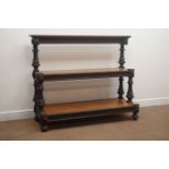 Victorian carved oak three tier buffet stand, turned supports, W133cm, H112cm,