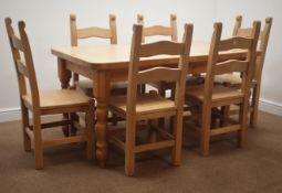 Rectangular waxed pine dining table with turned supports (152cm x 86cm, H75cm),