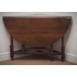 18th century oak corner table, gate leg turned supports, square stretchers, W104cm, H96cm,