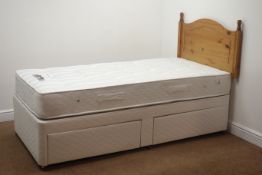Single 3' divan bed, pine headboard, two storage drawers,