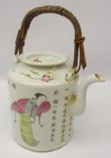 Chinese Republic cylindrical teapot painted in polychrome enamels with calligraphy & figures with