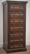 Polished hardwood narrow pedestal chest, nine drawers, shaped plinth base, W50cm, H114cm,