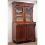 Victorian mahogany bookcase on cupboard, projecting cornice,