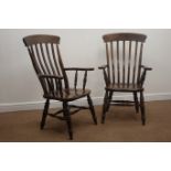 Pair Victorian style stained beech farmhouse armchairs, turned supports,