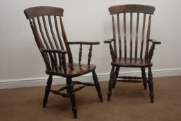 Pair Victorian style stained beech farmhouse armchairs, turned supports,