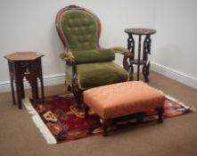 Victorian mahogany framed gentleman's salon armchair, carved cresting rail,