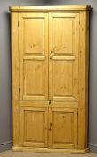 18th century country pine corner cupboard, four panelled doors, W110cm, H194cm,