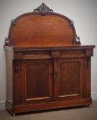 Victorian mahogany chiffonier raised arched back with carved floral pediment,