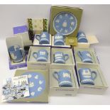 Nine Wedgwood blue jasperware Christmas tankards, consecutive run 1971 - 79, all boxed,