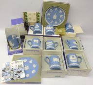 Nine Wedgwood blue jasperware Christmas tankards, consecutive run 1971 - 79, all boxed,