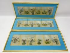 Set of eighteen miniature feather pictures on glass all depicting exotic birds amongst foliage,