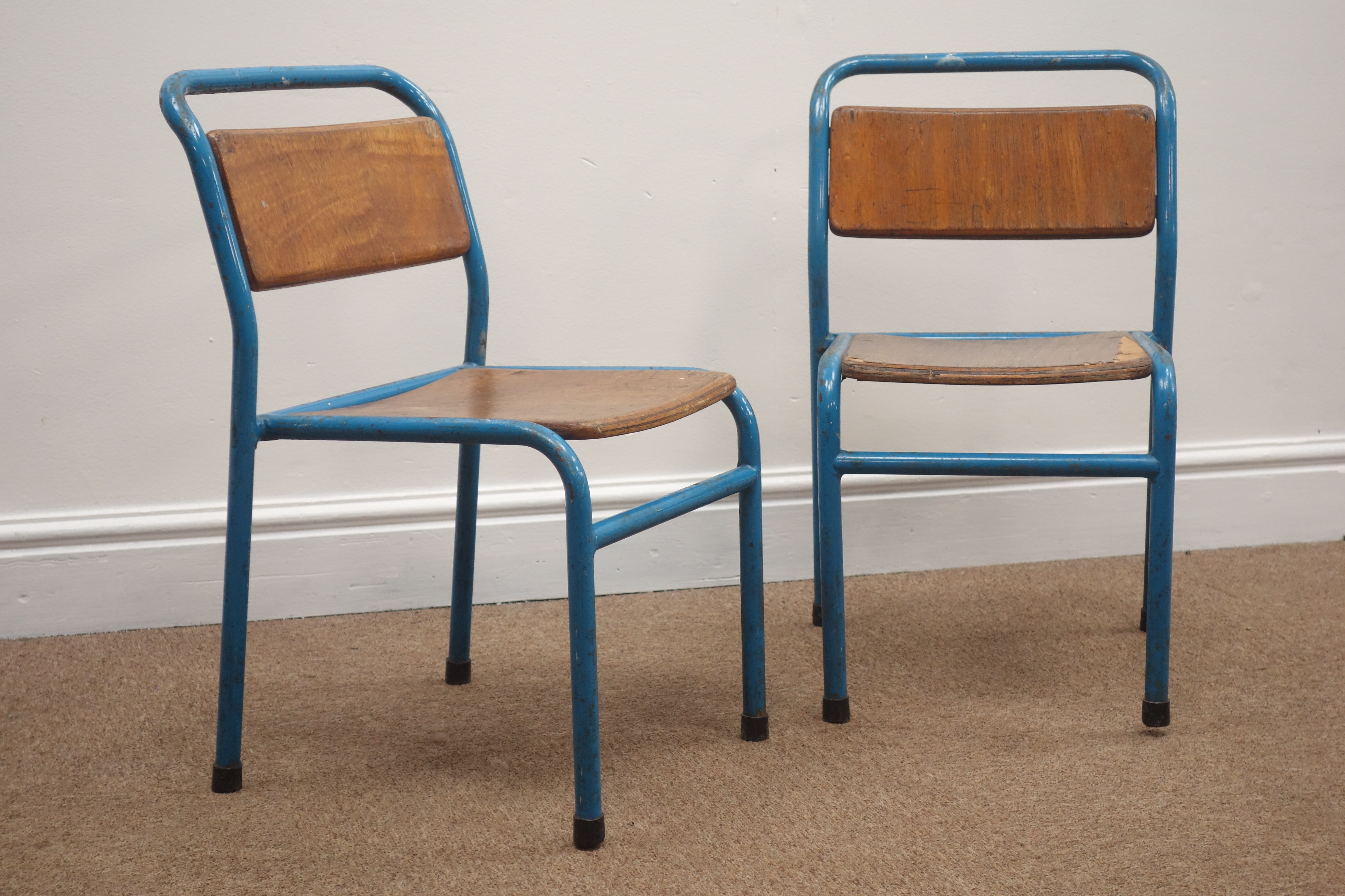 Pair of Vintage Child's school chairs, blue metal frames with laminate seats and backs,